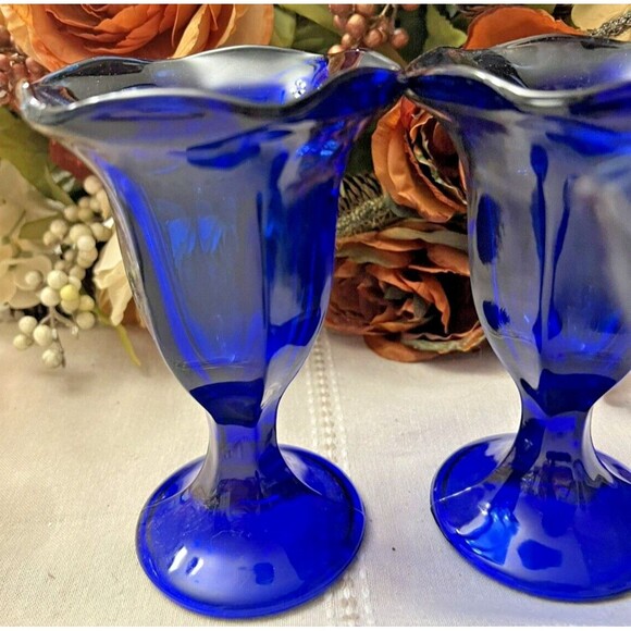 Anchor Hocking Cobalt Blue Footed Tulip Ice Cream Sundae Dessert Dish Set of 3 - Picture 4 of 5